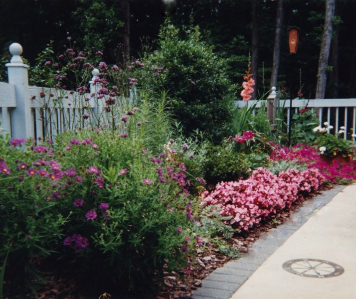 Cottage garden along picket fence